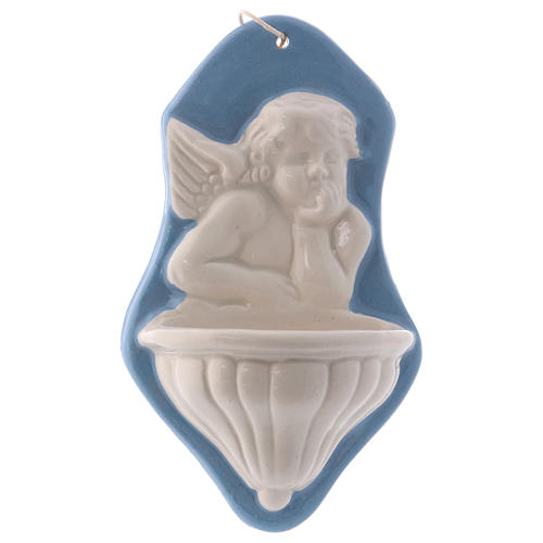 Acquasantiera busto angioletto sfondo blu ceramica Deruta 15x10x5 cm 1