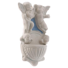 Stoup with two angels and two angel faces on blue background in Deruta ceramic 12x7x3 cm