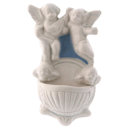 Stoup with two angels and two angel faces on blue background in Deruta ceramic 12x7x3 cm 1