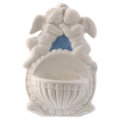 Angels with blue details holy water font made in Deruta 4x4x2 in 1
