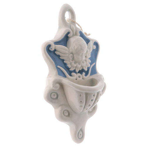 Stoup with angel on blue background with engravings in Deruta ceramic 11x6x4 cm 2