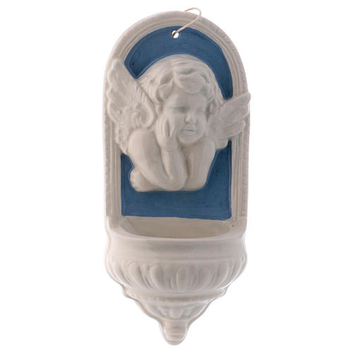 Putto with blue details holy water font made in Deruta 6.5 in 1