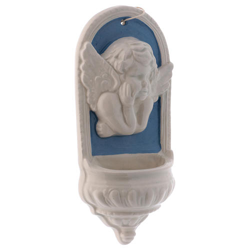 Putto with blue details holy water font made in Deruta 6.5 in 2