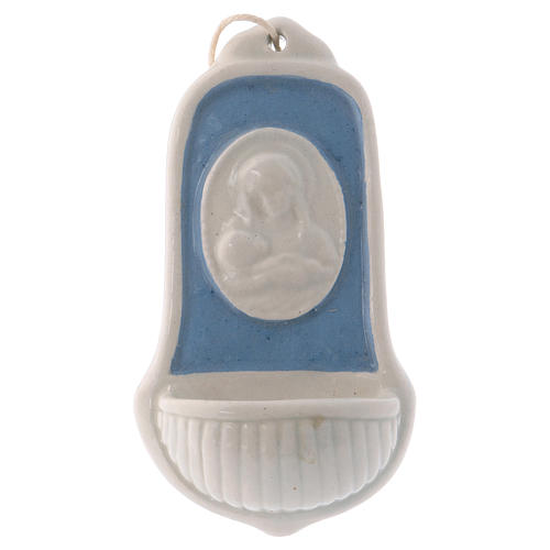 Acquasantiera ceramica Deruta bianca iconcina di Maria Gesù Bambino 10x5x5 cm 1