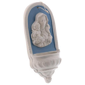 Holy water stoup with Virgin Mary and Baby Jesus with sky blue details 18 cm in ceramic made in Deruta