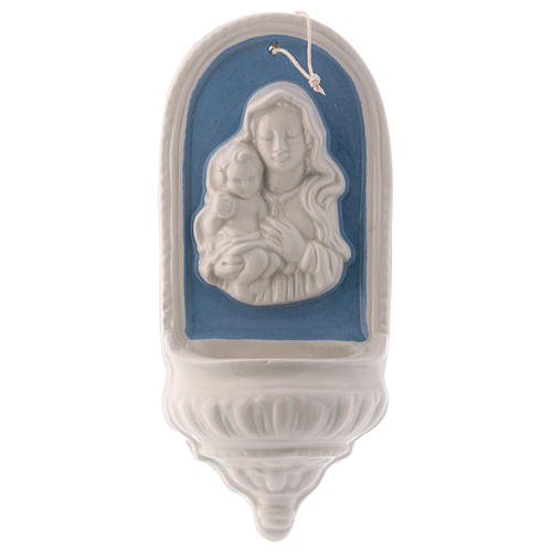 Holy water stoup with Virgin Mary and Baby Jesus with sky blue details 18 cm in ceramic made in Deruta 1