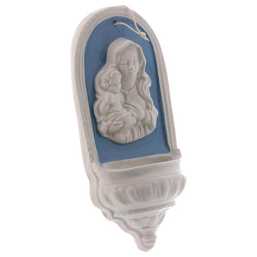 Holy water stoup with Virgin Mary and Baby Jesus with sky blue details 18 cm in ceramic made in Deruta 2