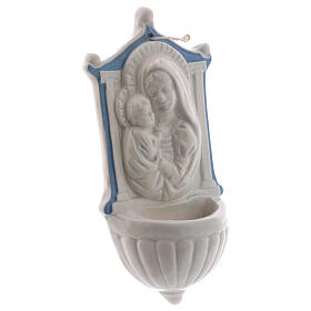 Weihwasserbecken aus Deruta Keramik mit Madonna, Jesuskind und himmelblauen Details, 16 cm