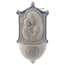 Holy water stoup with Virgin Mary and Baby Jesus with sky blue details 16 cm in ceramic made in Deruta