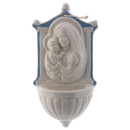 Holy water stoup with Virgin Mary and Baby Jesus with sky blue details 16 cm in ceramic made in Deruta 1