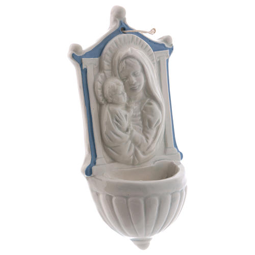 Holy water stoup with Virgin Mary and Baby Jesus with sky blue details 16 cm in ceramic made in Deruta 2
