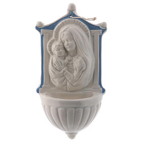 Acquasantiera Madonna bambino dettagli celesti 16 cm ceramica Deruta