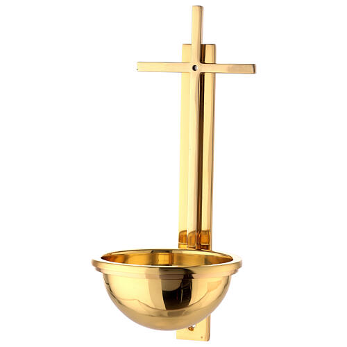 Weihwasserkessel aus vergoldetem Messing mit flachem Kreuz, 31 cm 3