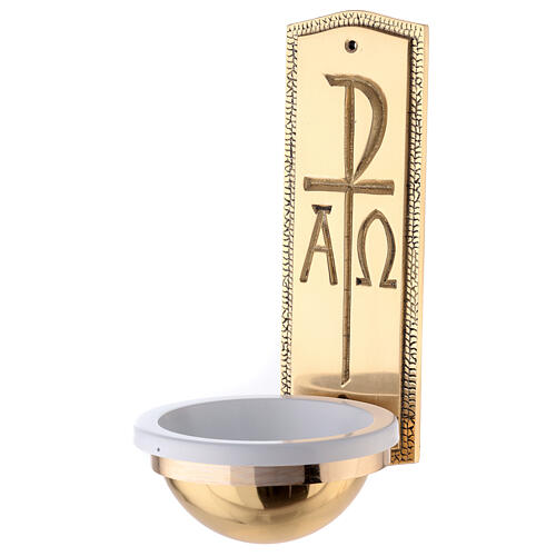 Holy water stoup, Christ monogram, gold plated brass, 25 cm 1