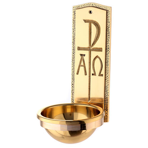 Holy water stoup, Christ monogram, gold plated brass, 25 cm 2