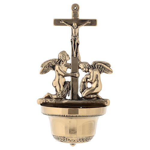 Holy water stoup with Crucifix and angel in polished brass 16x33x7 cm 1