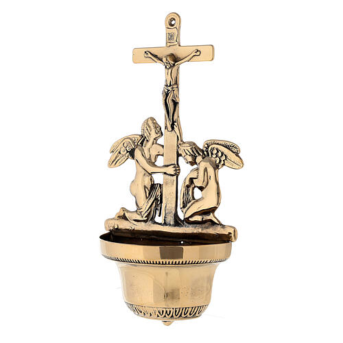 Holy water stoup with Crucifix and angel in polished brass 16x33x7 cm 2