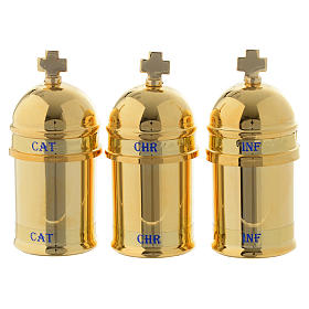 Chrismatory set: 3 holy oil stocks case blue inside