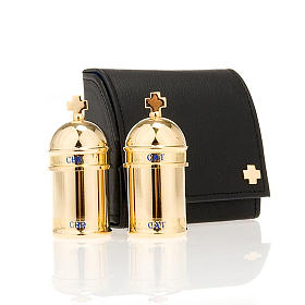 Huiles saintes et sets baptême: Etui 2 vases huiles sacrées intérieur en bleu