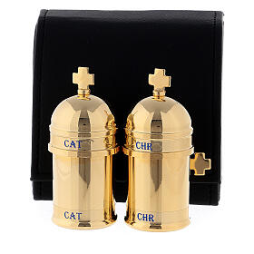Chrismatory set: 2 holy oil containers case blue inside