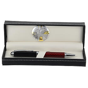 Pencil case with alluminium plate Holy Spirit dove and red roller pen