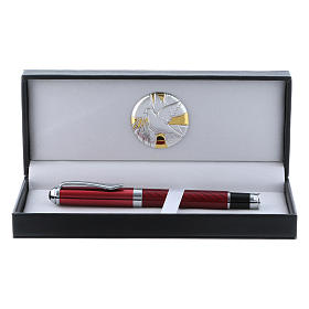 Bomboniere sacre e ricordini: Astuccio con placca alluminio Colomba S.S. e penna roller rossa