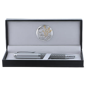 Bomboniere sacre e ricordini: Astuccio con placca alluminio grano, calice, spiga, uva e penna roller argento