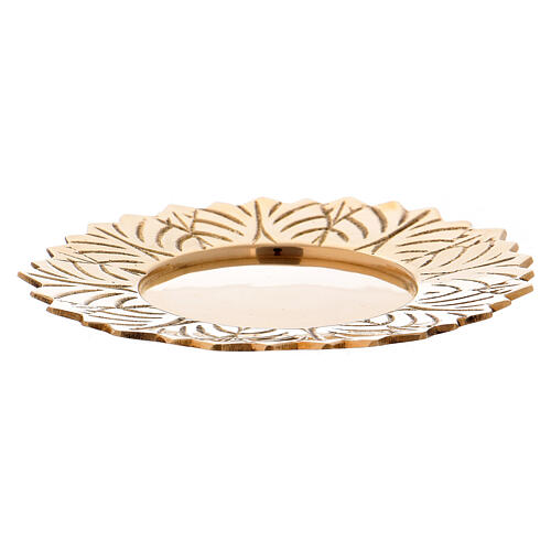 Saucer made of shiny golden brass with leaf-shaped decorations along the edge 10 cm 1