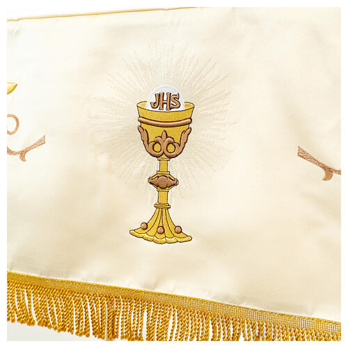Processional canopy, golden embroidery, JHS, chalice and lamb, 50x65 in 3