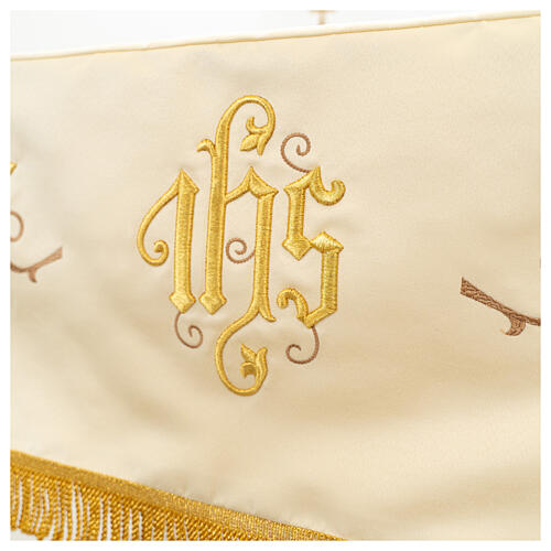 Processional canopy, golden embroidery, JHS, chalice and lamb, 50x65 in 7