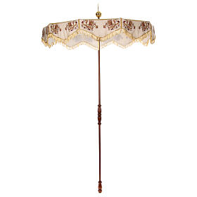 Processional umbrella, golden and orange flower embroidered on ivory fabric, h 70 in