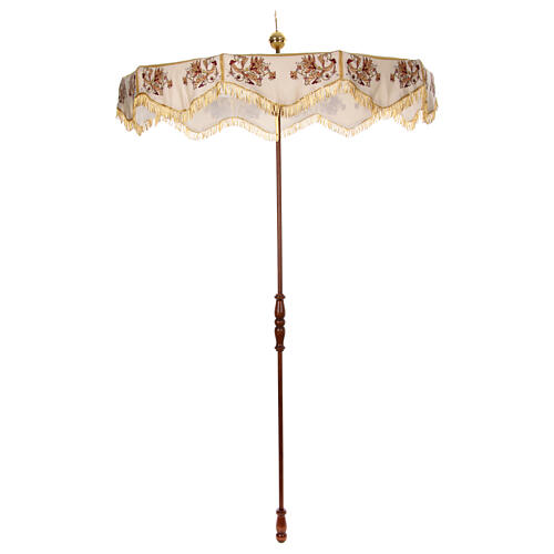 Processional umbrella, golden and orange flower embroidered on ivory fabric, h 70 in 1
