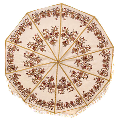 Processional umbrella, golden and orange flower embroidered on ivory fabric, h 70 in 2