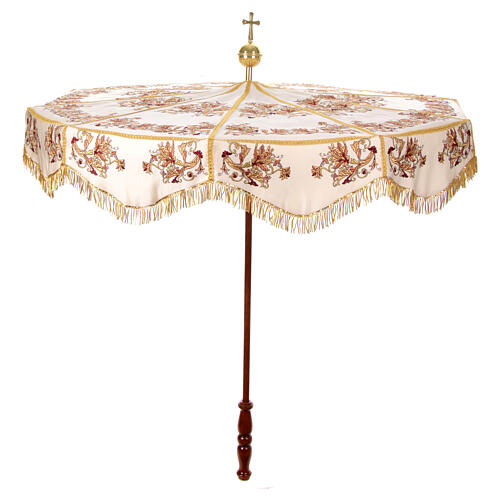 Processional umbrella, golden and orange flower embroidered on ivory fabric, h 70 in 3