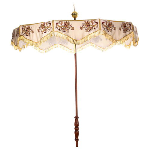 Processional umbrella, golden and orange flower embroidered on ivory fabric, h 70 in 5