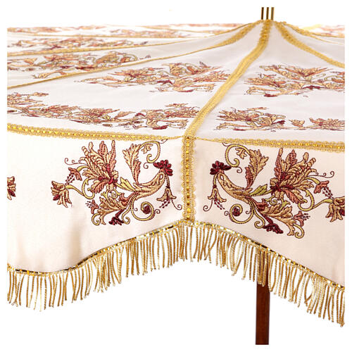 Processional umbrella, golden and orange flower embroidered on ivory fabric, h 70 in 6
