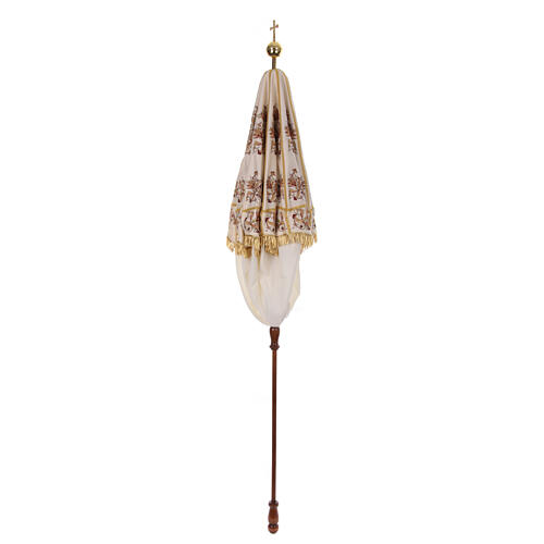 Processional umbrella, golden and orange flower embroidered on ivory fabric, h 70 in 7