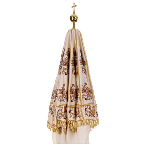 Processional umbrella, golden and orange flower embroidered on ivory fabric, h 70 in 9