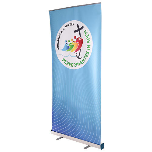 Light blue roll-up with 2025 Jubilee official logo, 40x80 in 3