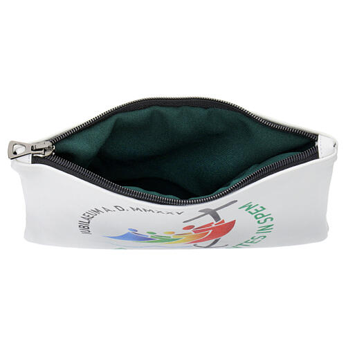 White purse, 2025 Jubilee official logo, LATIN, 7x8 in 2