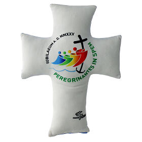 Padded cross with 2025 Jubilee logo, white and blue velvet, 12x8 in