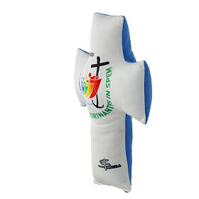 Padded cross with 2025 Jubilee logo, white and blue velvet, 12x8 in