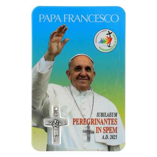 Holy card with cross of Pope Francis, Jubilee 2025 official logo 1