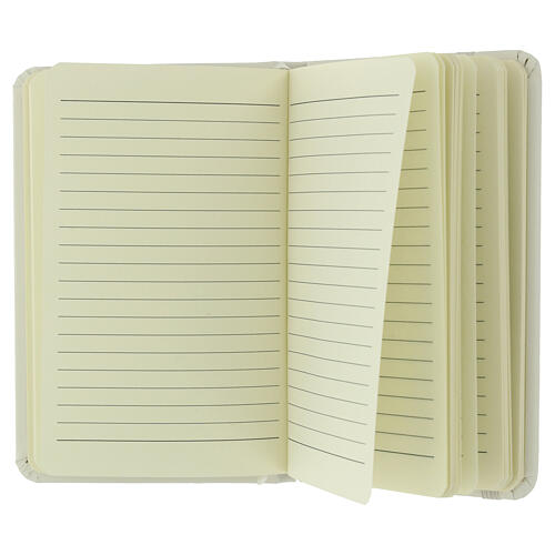 White notebook with Jubilee 2025 Latin official logo, white elastic band 2