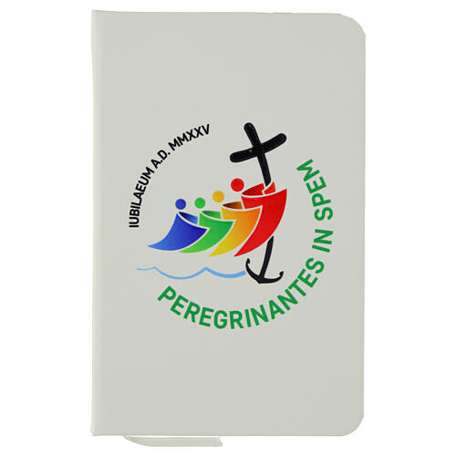 White notebook with official Jubilee 2025 Latino logo with elastic band 1