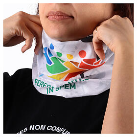 White neck warmer with multilingual logo of Jubilee 2025