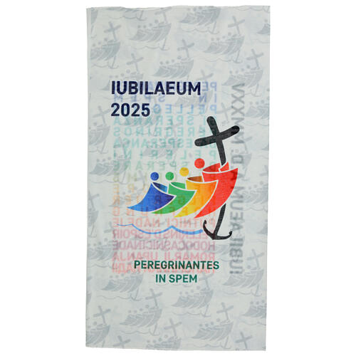 White neck warmer with multilingual logo of Jubilee 2025 1