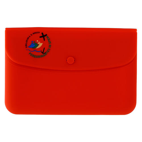 Red silicone pouch with official Jubilee 2025 logo print, 8x5 in 1