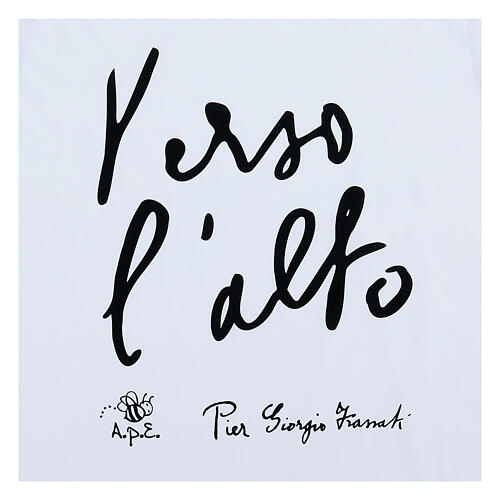 T-Shirt aus weißer Bio-Baumwolle mit schwarzem Aufdruck ''Nach oben'' Piergiorgio Frassati 2