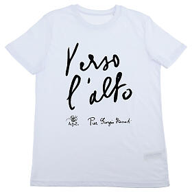 Camiseta blanca algodón bio serigrafiada negra 'Hacia lo alto' Piergiorgio Frassati
